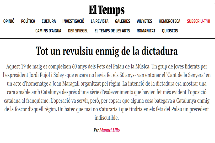 Llarg i complert article a El Temps, explicant els fets del Palau de la Música, fa esment dels FNC